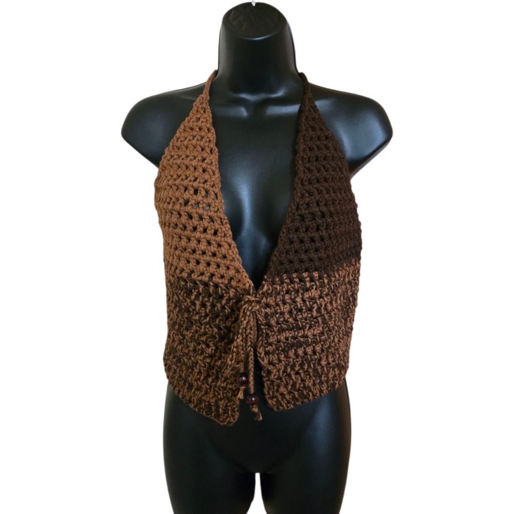 Tan/Brown Handmade Crochet Mesh Top and Viral Chain Hat Set W/Beads, MadebyME,